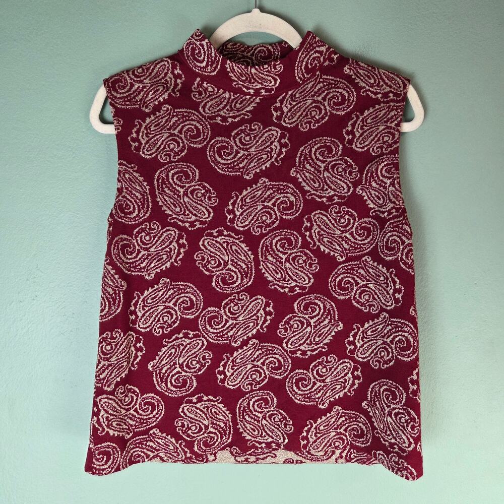 Vintage St. John Womens Large Maroon Metallic Paisley Sleeveless Mock Neck Top